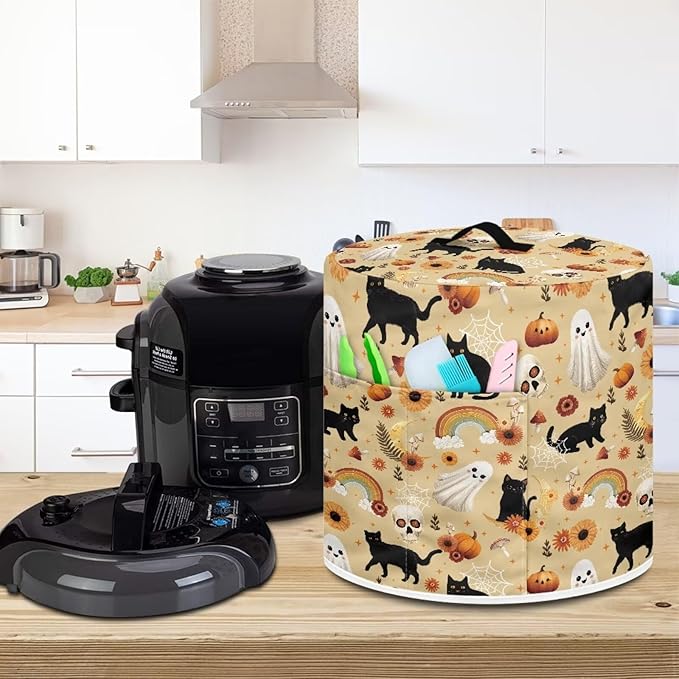 Halloween Theme Kitchen Appliance Protector Cover Bag 8 Quart Pressure Cooker/Air Fryer/Rice Cooker Dust Cover with Top Handle and Storage Pocket Black Cat Ghost Print