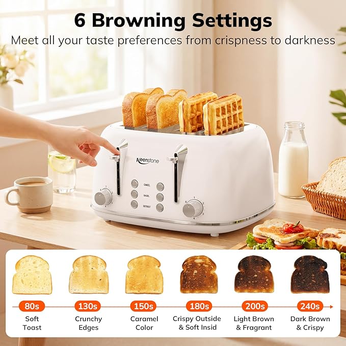 Keenstone Toaster 4 Slice, Retro Stainless Steel Wide Slot Toaster with Dual Independent Controls, 6 Browning Levels, Bagel, Defrost, Reheat & Cancel, Removable Crumb Tray, White