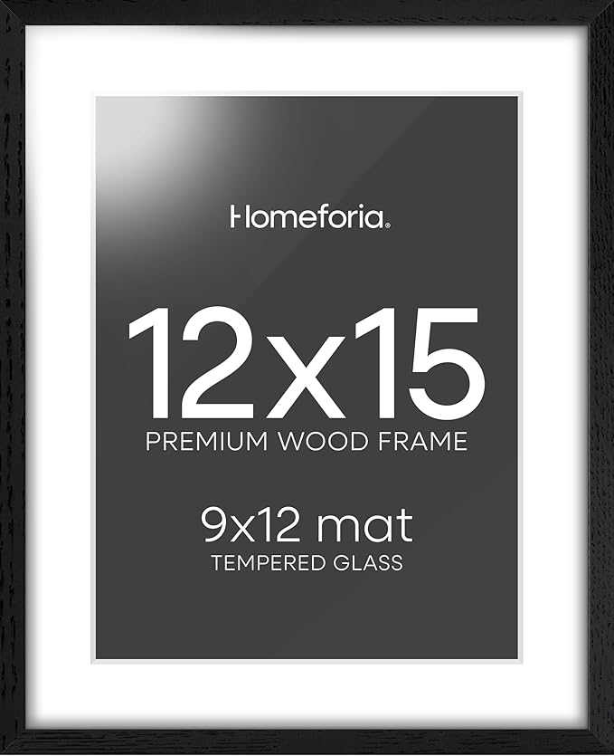 Homeforia 12x15 Black Wood Picture Frame, High End Oak 12x15 Poster Frames with Mat 9x12 Print, 12 x 15 Black Wooden Frame Matted to 9 by 12 Photo, 15x12 Thin Frame, Tempered Glass, Wall Kit, Set of 1