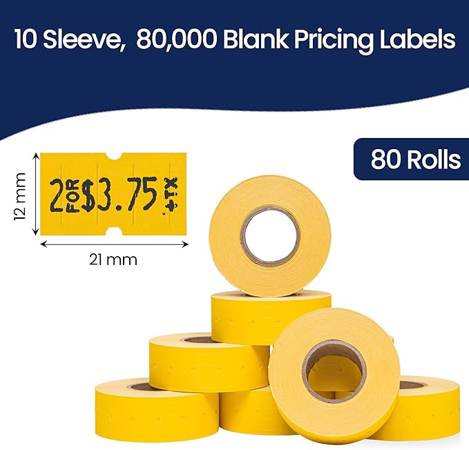 Perco 1 Line Yellow Labels - 80 Rolls, 10 Sleeves, 80,000 Blank Price and Date Gun Labels for Perco Lite, X, Plus and Pro 1 Line Price and Date Guns - Made in USA