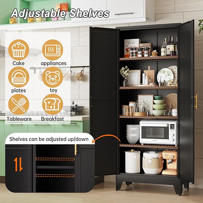 Metal Pantry Cabinet with 2 Doors and Adjustable Shelves - 71" Kitchen Storage Cabinet with Gold Handles - Versatile Storage for Kitchen, Bathroom, Dining Room, Utility Room - Black