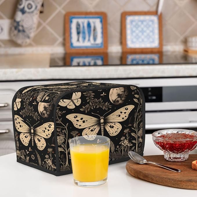 Toaster Cover 2 Slice Vintage Gothic Floral Moon Butterfly Waterproof Appliance Cover with Hang Loop Bread Baker Toaster Cover for Kitchen