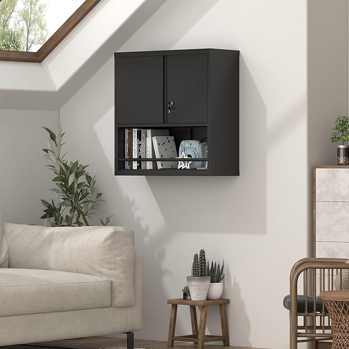 Garage Cabinets,Metal Wall Cabinet with 2 Doors,Lockable Storage Cabinet,Wall Cabinet for Garage,Warehouse,Home Offcie,Black