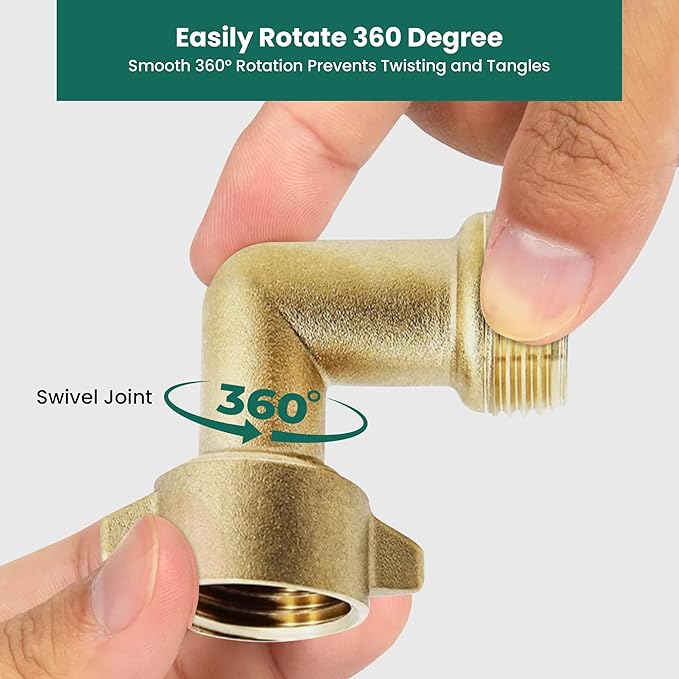 90-Degree Brass Garden Hose Elbow Connector (2-Pack) – 3/4" Heavy-Duty Hose Adapter with Extra Washers, Solid Brass Angled Fitting for RVs, Outdoor Faucets, Spigots & Lawn Irrigation