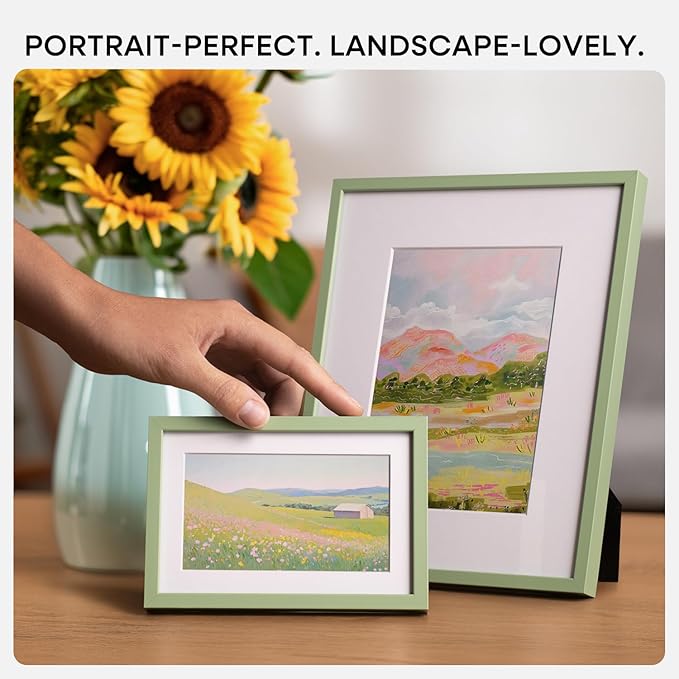 Homeforia A4 Picture Frame Sage Green, High End Metal 8.3 x 11.7 inch Poster Frames with Mat 5.8 by 8.3 Art, A4 Size Frame Matted to A5 Photo, 8.3x11.7 Wall or Tabletop Frame, Tempered Glass, Set of 1