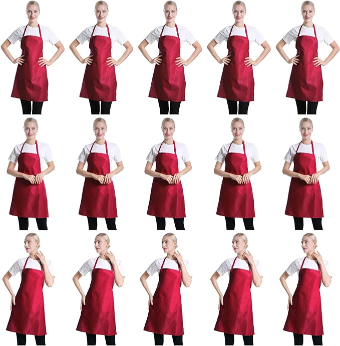 Total 15 PCS Deep Red Plain Deep Red Bib Apron for Women Men Adult with 2 Front Pockets-Painting Baking Cooking Kitchen Apron for Women Girls-(Wine,15pcs)