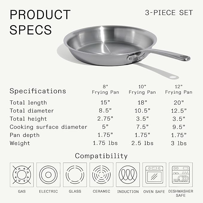 Made In Cookware - 3-Piece (Includes 8",10",12") Stainless Frying Pan Set - 5 Ply Stainless Clad - Professional Cookware - Crafted in Italy - Induction Compatible