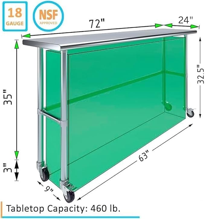 Stainless Steel Work Table Open Base & Wheels | Work Station | Metal Work Bench (Stainless Steel Work Table Open Base + Casters) (72" Long x 24" Deep)