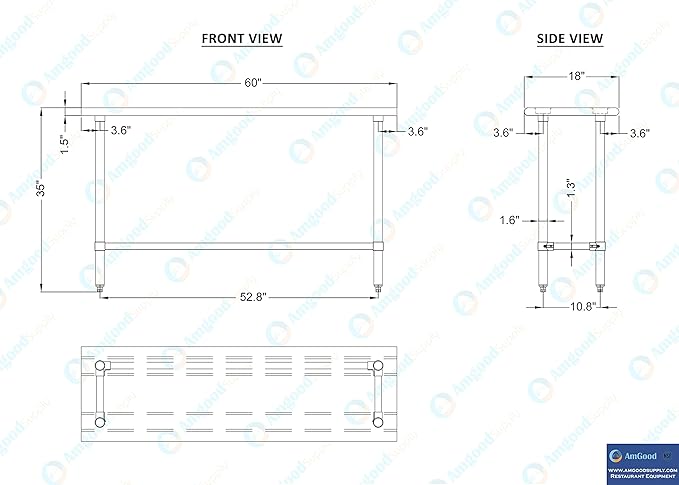 AmGood Stainless Steel Work Table Open Base | NSF Kitchen Island Food Prep | Laundry Garage Utility Bench (60" Long X 18" Deep)