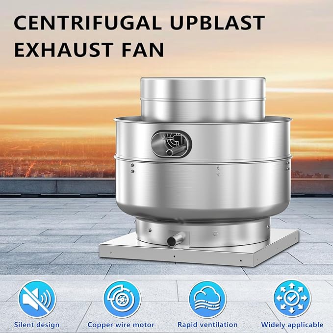 Roof Ventilator Restaurant Hood Grease Rated Exhaust Fan Direct Drive Centrifugal Upblast Exhaust Fan 1.5HP 5000 CFM 110 Volt Single Phase Motor