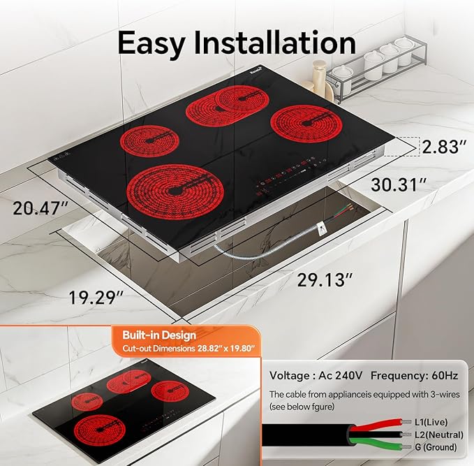 Ranein Electric Cooktop with 4 Burners, 30 inch 7900W 240V Ceramic Panel Electric Cooktop, Multiple Safety Protections Stove, Touch Screen