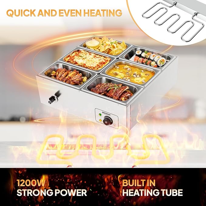 ROVSUN 42.3QT 1200W Electric Commercial Food Warmer, 6-Pan Steam Table 6.9 QT/Pan Stainless Steel Bain Marie Buffet Countertop with Temperature Control & Lid for Parties, Catering, Restaurants 110V
