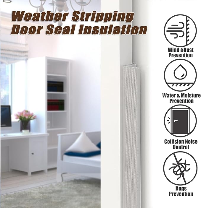 19.6 FT Door Frame Adhesive Weather Stripping Seal Strip PU Foam, PE Cover, Groove Slot Installation for Large Gap, Sound Heat Insulation, Dust Water Moisture Prevention (19.6ft, White，Adhesive)