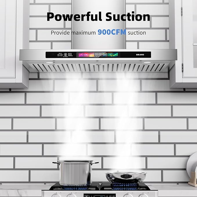 BRANO 30 Inch Wall Mount Range Hood 900 CFM with Voice/Gesture/Touch Control, Stainless Steel Ducted Kitchen Hood Vent with 4 Speed Exhaust Fan, Memory Mode, Adjustable Lights