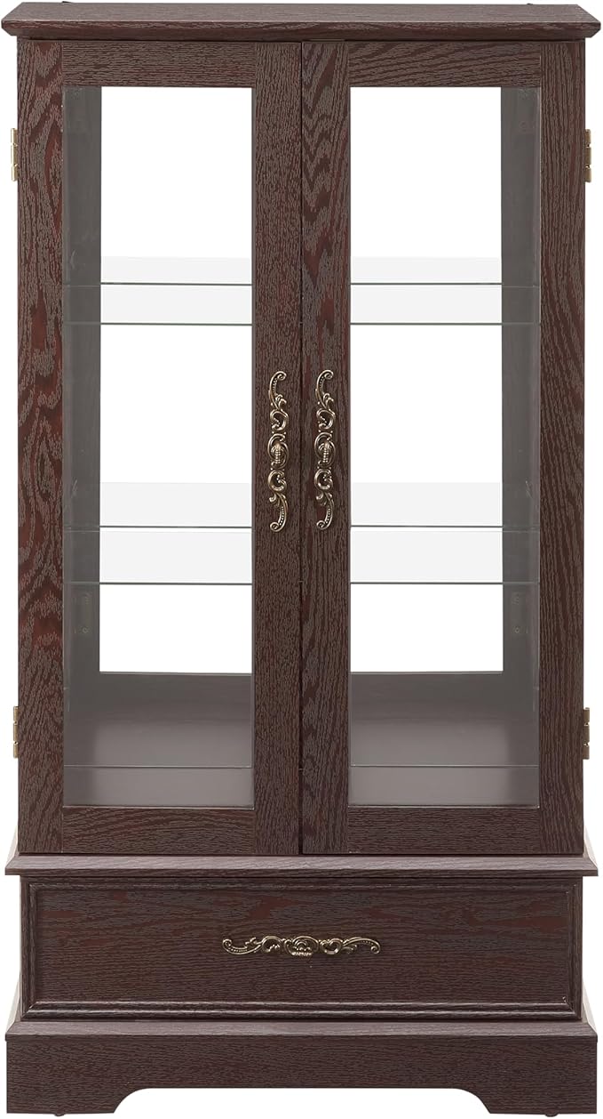 47" H Lighted Curio Cabinet Display Case, Glass Case with Adjustable Shelves,Tempered Glass Door and Drawer, Wooden Curio Cabinet with Mirrored Back Pane for Living Room (Dark Cherry)