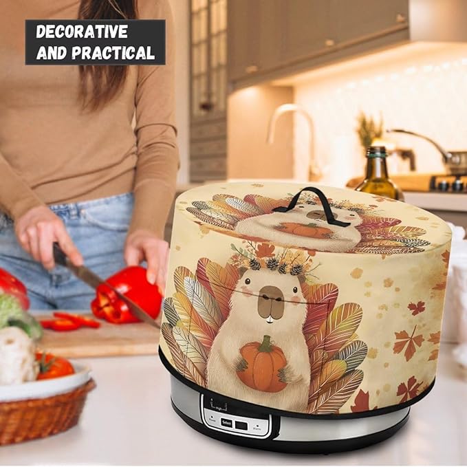 Slow Cooker Dust Cover Compatible with 6/7/8 Quart Slow Cooker Dust Proof Electric Slow Cooker Cover with Pocket for Crock Pot Thanksgiving Decor, Groundhog Turkey Pumpkin Maple Leaf Print