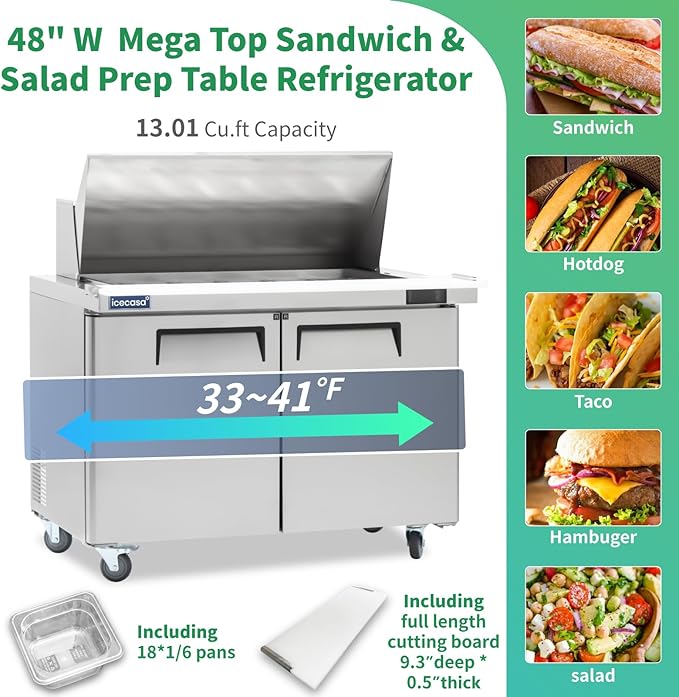 ICECASA 48" W Commercial Refrigerator Sandwich&Salad Prep Table Mega Top single Door Stainless Steel Counter Fan Cooling Refrigerator with 18 pans-48 Inches for Restaurant, Bar, Shop, etc