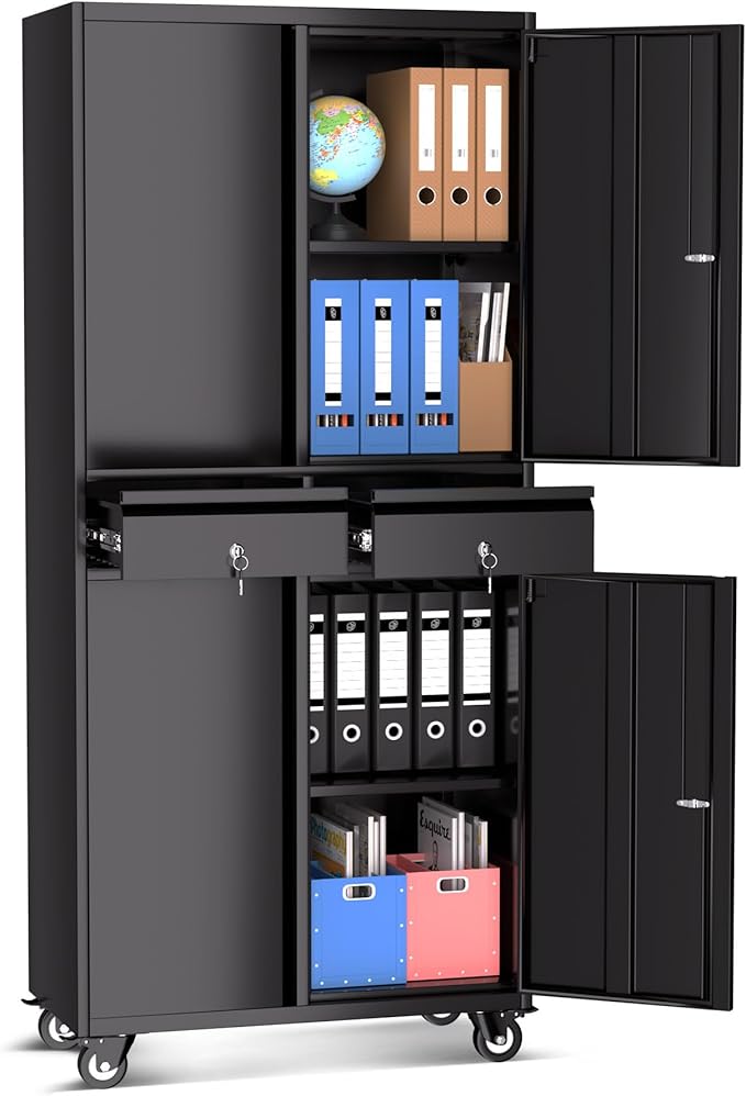 GarveeHome 73'' Metal Storage Cabinet, Heavy Duty Garage Storage with Wheels, Locking Doors and 2 Drawers, Adjustable Shelves, Black