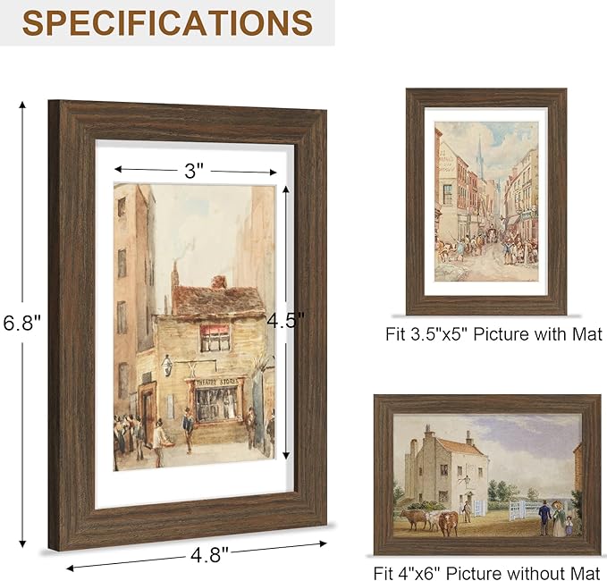 Vittanly 4x6 Picture Frame, Solid Wood Frame with Plexiglass, Includes 3.5x5 Mat, Wall Hanging or Tabletop for Photos, Home Decor, Brown, 1 Pack