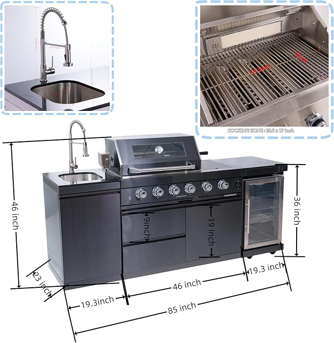 85 Inches 4-Burner 72,000 BTU Deluxe Stainless Steel Propane Gas Grill Outdoor Kitchen Island,Sink,Beverage Refrigerator Storage & Rotisserie Kit for Patio Backyard Cooking,Black
