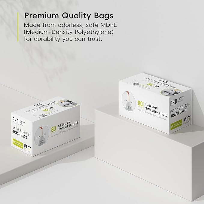 EKO 1.6 Gallon / 3-6 Liter, 80 Count Small Drawstring Trash Bags, Extra-Strong Unscented Garbage Bags, Easy-Dispense Roll for Kitchen & Household Use, Resists Tears, Leaks and Punctures, Code A, White