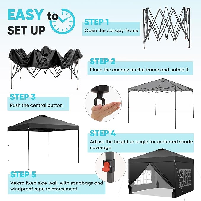 Saemoza 10x10 Pop Up Canopy Tent with One Push Setup, Portable Sun Shade Tent, Instant Easy Up Canopy with 4-Sidewalls & Handbag, Outdoor Fldable Gazebo with Vent Top, Black.