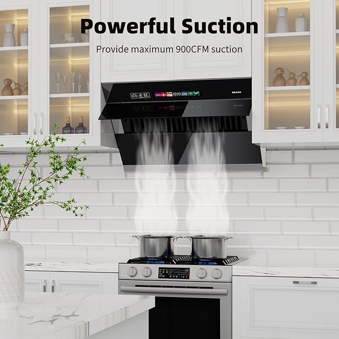 BRANO Range Hood 36 inch with 900CFM, Voice/Gesture Sensing/Touch Control Panel, Unique Side-Draft Design for Under Cabinet Modern Kitchen Hood, Ducted/Ductless Convertible