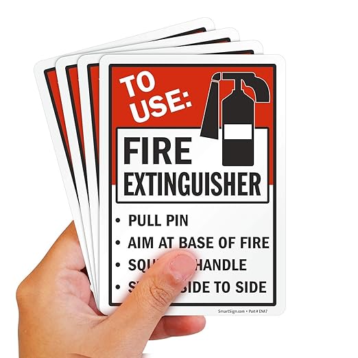 SmartSign (4-Pack) 7" x 5" 'to Use Fire Extinguisher - Pull Pin, Aim at Base, Squeeze Handle' Sticker Labels, 5 mil Laminated Polyester with SuperStick Adhesive, Red/Black/White, USA-Made