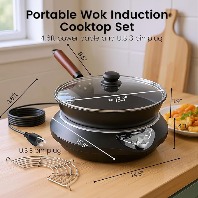 Induction Wok Cooktop Set, 2025 New & Improved Electric Skillet Induction Burner w/Carbon Steel Wok, Glass Vented Lid, Rack, 176°F to 464°F, 18 Hrs Timer, Auto-off (Black 110V~120V)