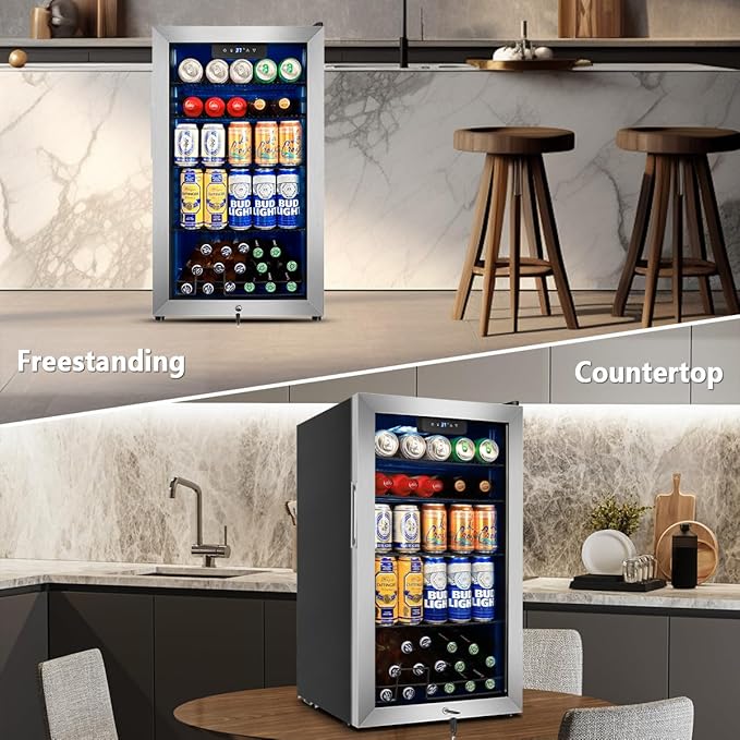 Tylza Beverage Refrigerator Cooler, 130 Cans 3.22 Cu.Ft Small Refrigerator with Low-E Glass Door, Lock, 17-Inch Beer Fridge for Drinks, Beer and Wine, Mini Fridge for Bedroom, Office and Bar, Silver