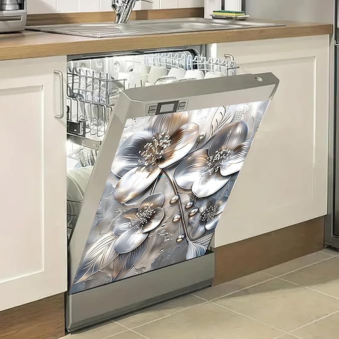 Silver Embossed Flower Magnetic Dishwasher Cover 23x26 Inch Floral Pearl Panel for Fridge Appliance Kitchen Door Magnet Sticker Surface Wrap Decorative Metal Look Art