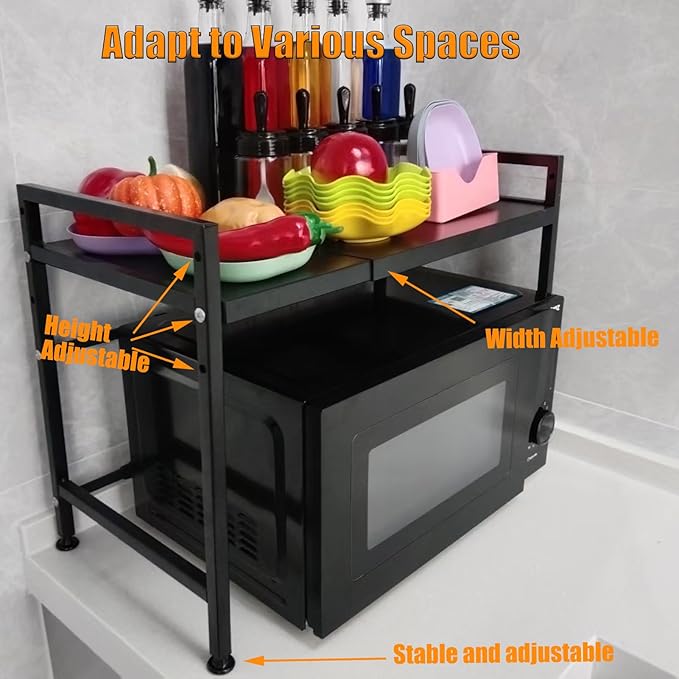 Extendable Microwave Oven Stand, Adjustable Microwave rack Toaster Shelf, Heavy Duty Rack 2 Tier Kitchen Counter Top Organizer with 6 Hooks for Kitchen
