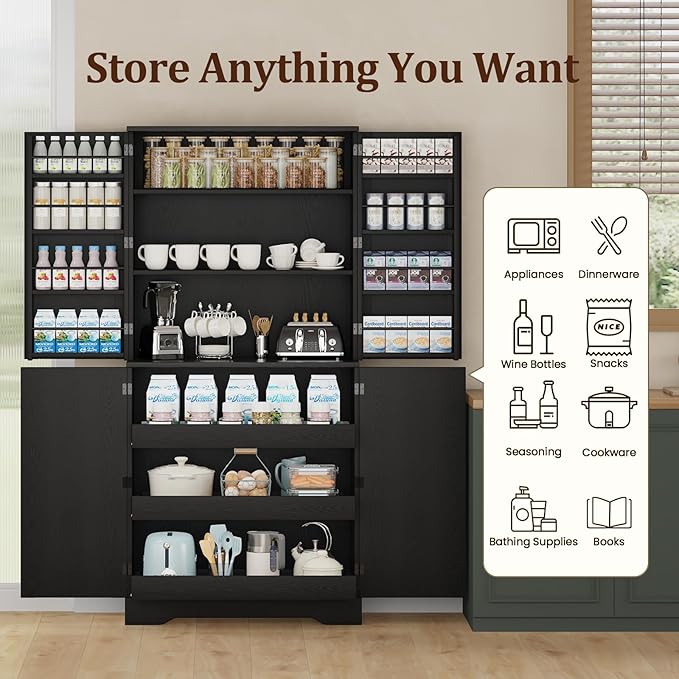72" Kitchen Pantry Cabinet Storage, Farmhouse Pantry Cabinet with 8 Hanging Rack Shelves & 3 Pull-Out Racks, Pantry Storage Cabinet, Freestanding Cupboard for Kitchen, Dining Room, Black