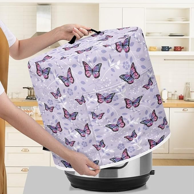 TODIYADDU Purple Butterfly Pressure Cooker Cover with Pocket Floral Leaf Air Fryer Cover Dust Cover Insulated Kitchen Appliance Cover Protector for Pressure Cooker Instant Pot Accessories Gifts
