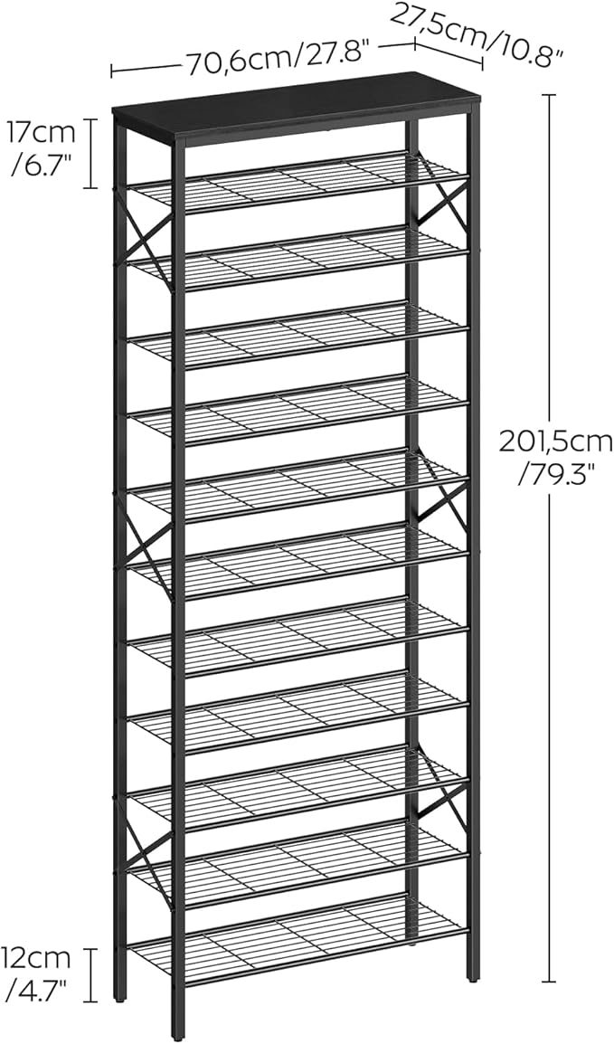12 Tier Shoe Rack, Large Capacity Shoe Storage Organizer Holds 48 Pairs, Sturdy and Stable, for Entryway, Hallway, Closet, Dorm Room, Black SS12BB