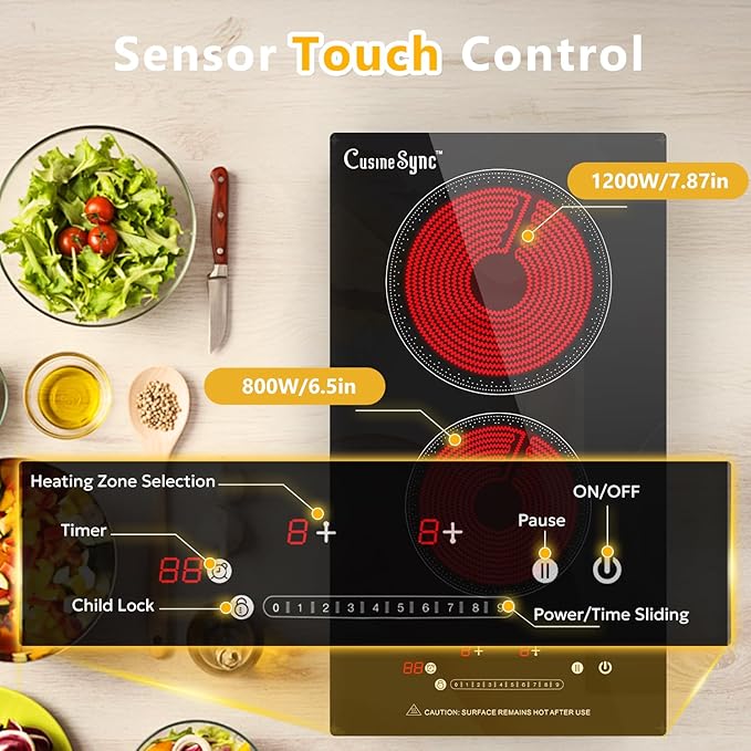 2 Burner Electric Ceramic Cooktop, 110-120V Plug In Countertop Stove, Touch Control with 99-Min Timer, Child Lock & Auto Shutoff, 12 Inch Radiant Cooktop for Indoor Cooking