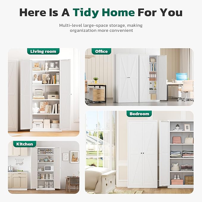 Greenvelly Metal Cabinet, 63" H White Metal Storage Cabinet with Doors and 4 Shelves, Pantry Storage Cabinet for Kitchen, Bedroom, Living Room, Office (Farmhouse)