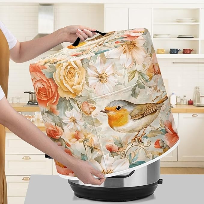 TODIYADDU Soft Floral Bird Pressure Cooker Cover with Handle Fashion Kitchen Appliance Dust Covers for Instant Pot Portable Air Fryer Dust Cover Round Protective Cover Bag Trendy Home Decor Gifts, M