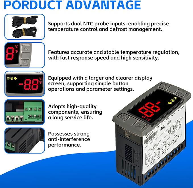 Replacement for Dixell XR06CX-4AAGILS Thermostat Temperature Controller, Programmable Digital Thermostat with Sensor Probe 120V 50-60hz Fit for Freezer/Refrigerator