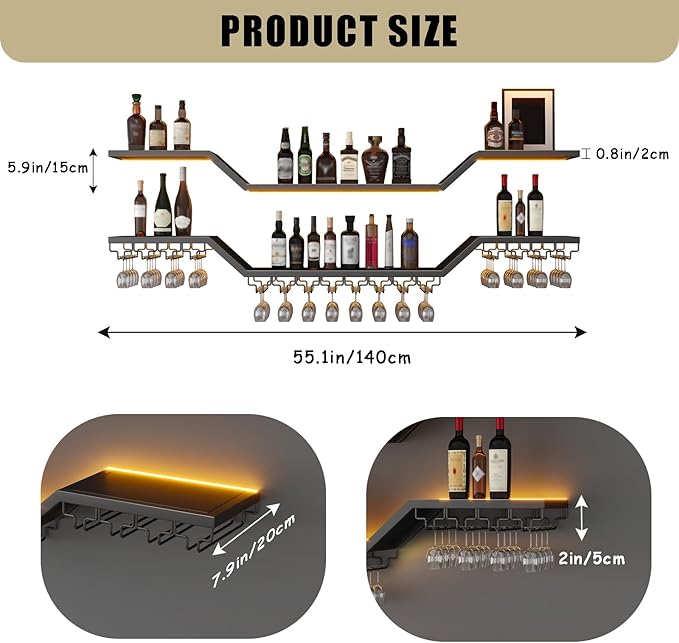 55.1in Modern LED Wine Rack Wall Mounted, 3-Tier Floating Bar Shelves with Wine Glass Rack, Large Hanging Liquor Shelf Wall Mounted, for Home Bar Dining Room Cafe Decorative (Black, 55.1in/140cm)