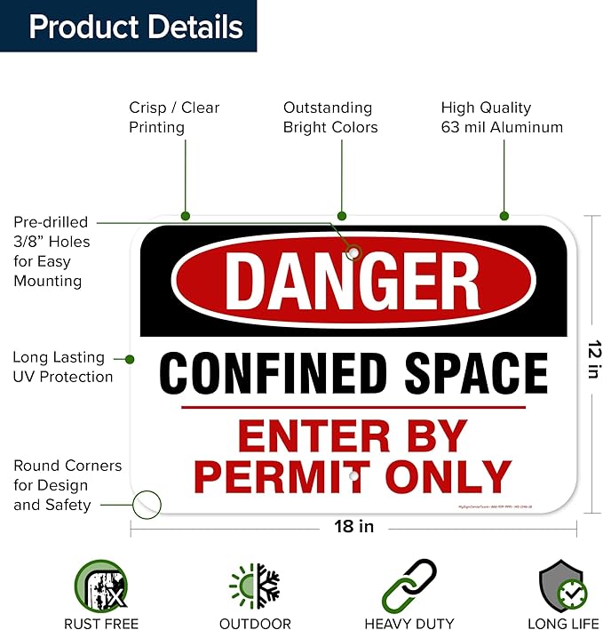Danger Confined Space Enter By Permit Only Sign, 12x18 Inches, Rust Free .063 Aluminum, Fade Resistant, Made in USA by My Sign Center