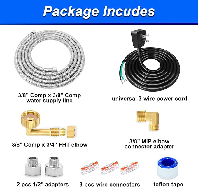 Dishwasher Installation Kit - 10 FT Stainless Steel Dishwasher Hose with 3/8" Compression Connections,Food Grade PEX Inner Tube Dishwasher Water Supply Line with Elbows,Adapters and 6 FT Power Cord