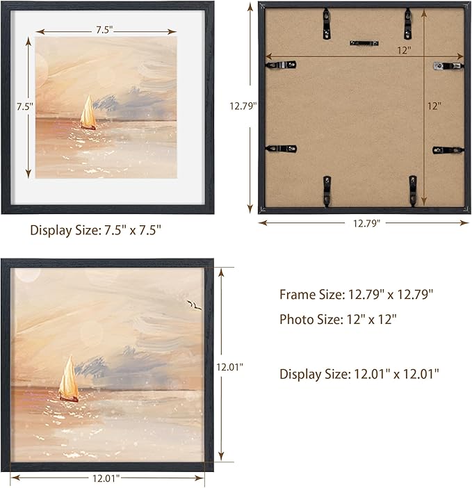 Black Picture Frame 12x12, Oak Wood Frame With Tempered Real Glass, Matted to 8x8, Square Photo Frame for Wall, 1 Pack