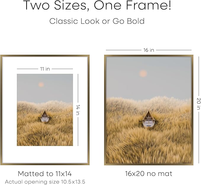 Homeforia Picture 16x20 Bronze Frame, High End Metal 16x20 Brass Poster Frames with Mat 11x14 for Photo, 16 x 20 Frame Matted to 11 by 14 Print, 20x16 Hanging Frames, Tempered Glass, Wall Kit, Set of 4