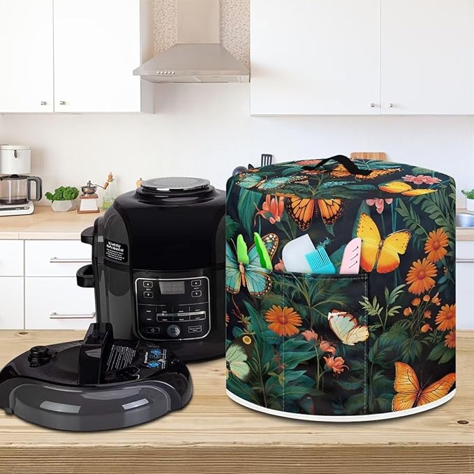 Flower Colorful Butterfly Grass Pressure Cooker Cover Dust-Proof Kitchen Appliance Cover Air Fryer Cover for 6 Quart Instant Pot with Top Handle and Pockets Washable