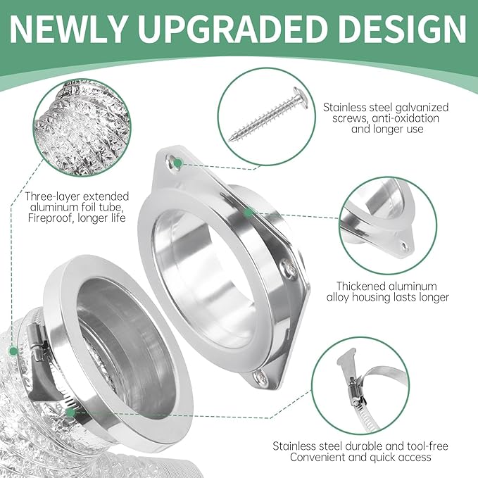 DVC-180 Magnetic Dryer Vent Coupling Connector Kit Easy to Clean Quick Connector Including a 3.3ft 4" Duct and two Clamps