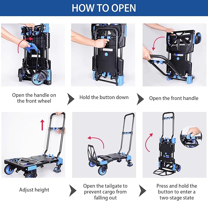 Folding Hand Truck Dolly Capacity Collapsible Heavy Duty Utility Cart with Adjustable Handle Convertible Trolley for Luggage Moving Camping Home Office (Blue, 65cm*46cm*92cm)