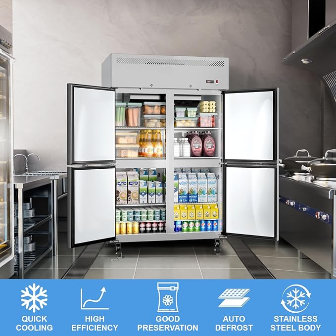 Commercial Refrigerator 48"W 4 Door Stainless Steel Reach-in Solid Door Upright Fridge Fan Cooling 36 Cu.ft Refrigerators 32-47°F for Restaurant, Bar, Shop