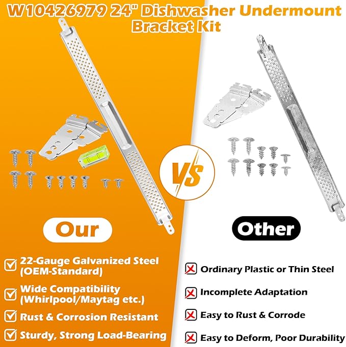 W10426979 24" Dishwasher Undermount Bracket Kit Fits Whirlpool/KitchenAid/Maytag 24 Inch Standard Replaces AH3632890/EA3632890/PS3632890/2311792 for Granite & Quartz Countertops (w/ Column Level)