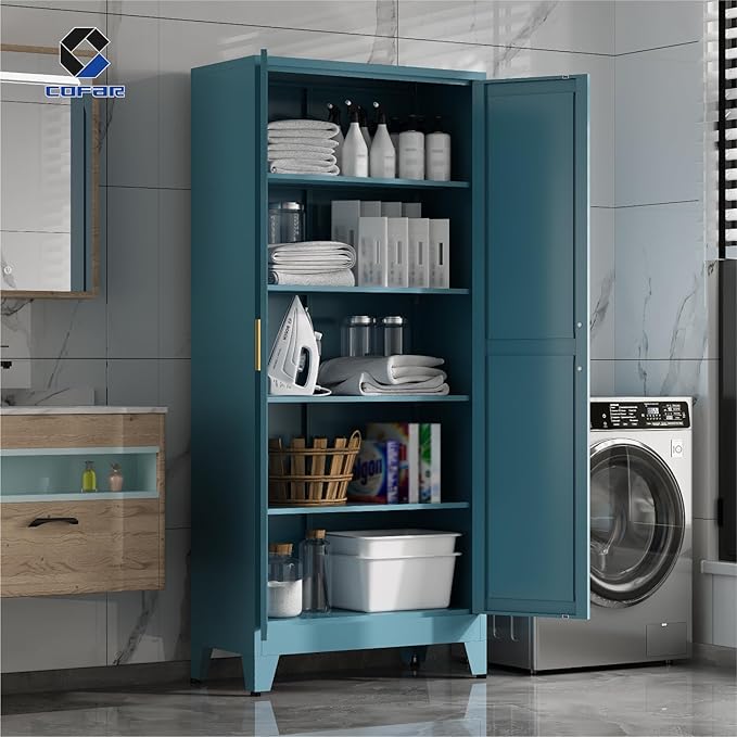 COFaR 71'' Tall Metal Pantry Cabinet, Kitchen Storage Cabinet with Doors and Shelves, Freestanding Farmhouse Food Cupboard for Kitchen Dinning Room Garage, Peacock Blue 5-Tier